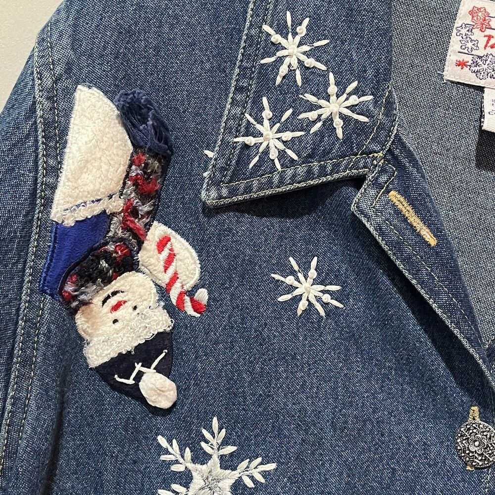 Vintage Tantrums Denim Jacket Womens Medium Embroidered Christmas Snowman Granny - Picture 3 of 9